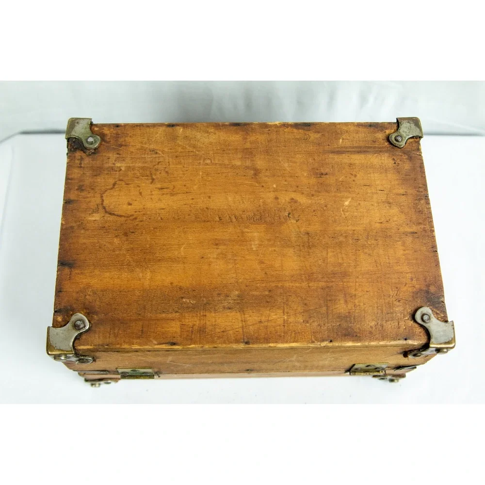 Antique Wooden Storage Chest Metal Corner Latches Leather Handle Rustic Box